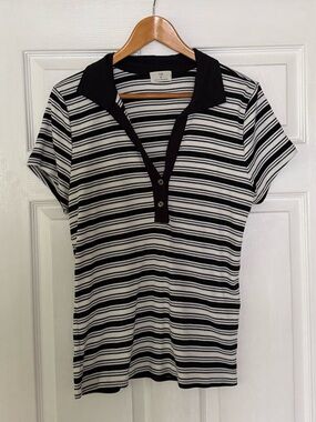 Anthropologie Black & White Striped Polo Knit Top